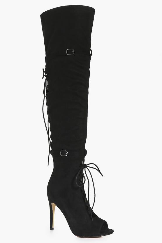 Ivy Peeptoe Lace Up And Back Over Knee Boot